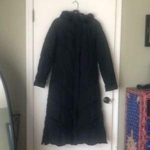 Tahari maxi long down puffer coat with detachable genuine rabbit fur trim hood